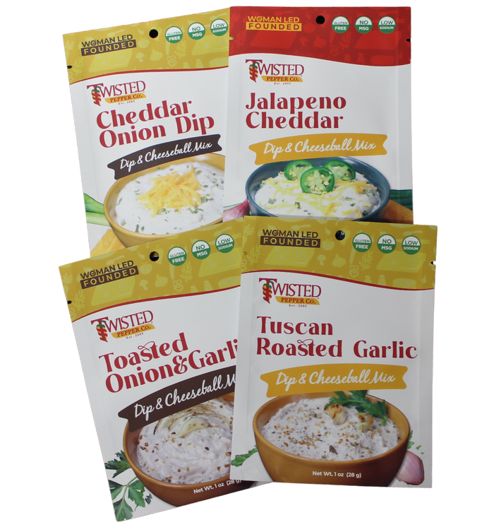 4 pack I Love Onions Dip Mixes with cheddar, jalapeno cheddar, toasted onion garlic, and tuscan roasted garlic flavors