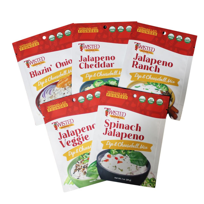 5 pack jalapeno cheddar dip mixes including ranch, veggie, and enchilada flavors, gluten-free and handcrafted in the USA