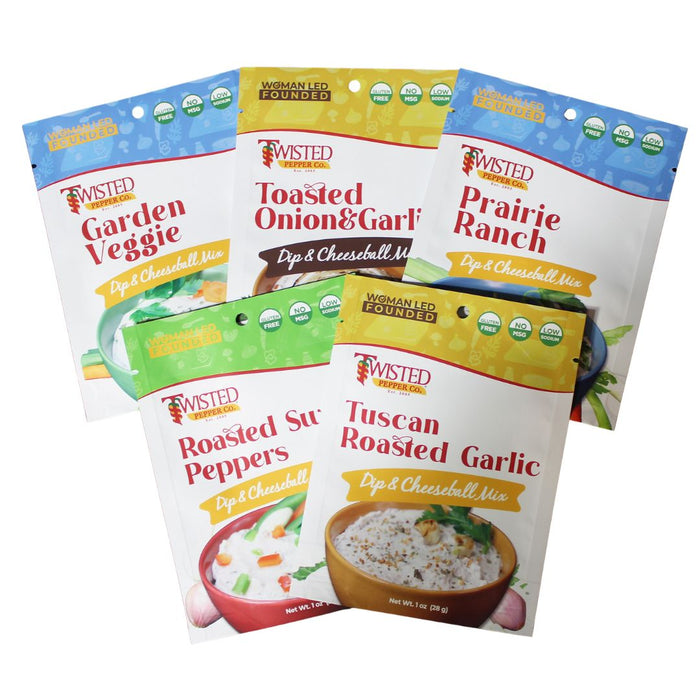 5 Pack Mild Dip Mixes - Garden Veggie, Prairie Ranch. Roasted Sweet Peppers, Toasted Onion & Garlic, Tuscan Garlic