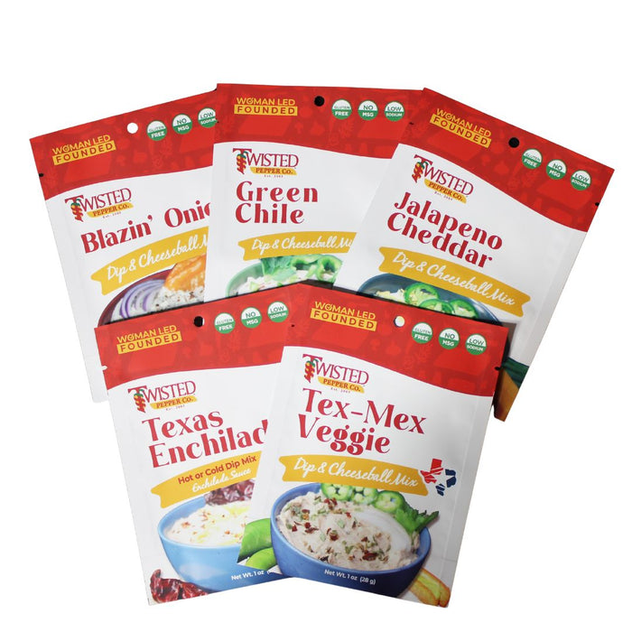 5 pack gourmet dip mixes including Blazin' Onion, Green Chile, Jalapeno Cheddar, Tex-Mex Veggie, and Texas Enchilada flavors, gluten-free and handcrafted in the USA