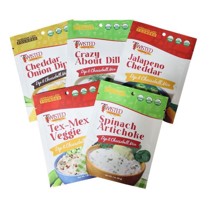 5 Pack Top Sellers Dip Mixes including Cheddar Onion, Crazy About Dill, Spinach Artichoke, Jalapeno Cheddar, and Tex-Mex gourmet flavors