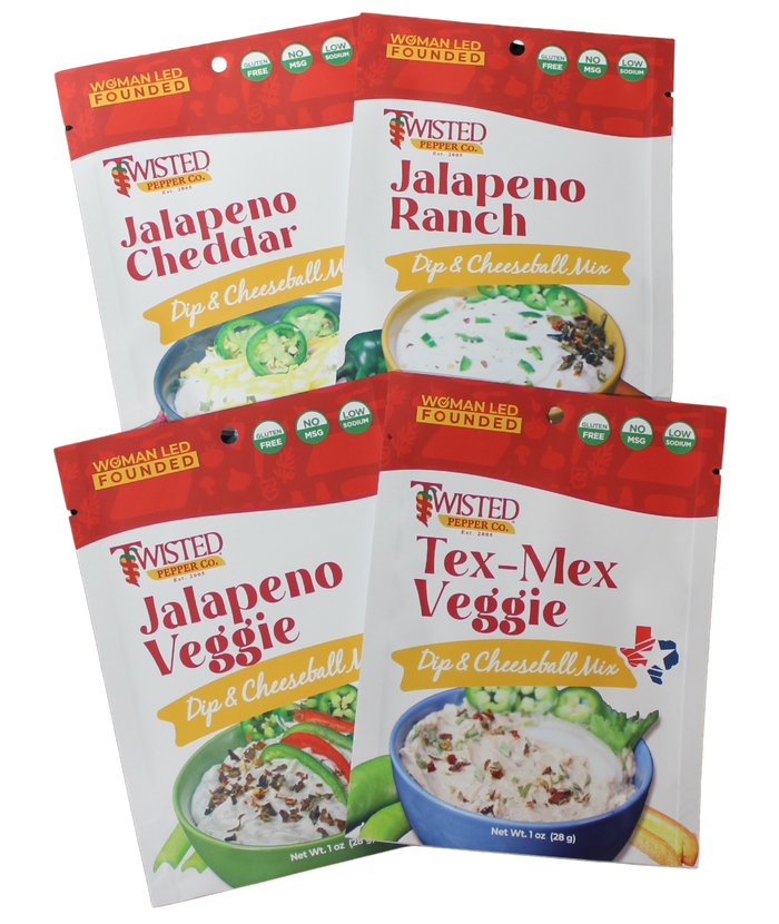 Dipping Madness 4 pack dip mixes with jalapeno cheddar, ranch, veggie, and Tex-Mex flavors for savory spicy dips