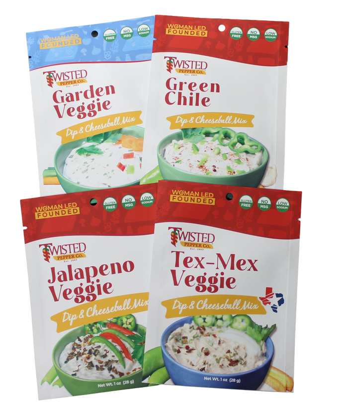 4 Pack Veggies & Chiles Gourmet Dip Mixes with varying heat levels, gluten-free and low sodium