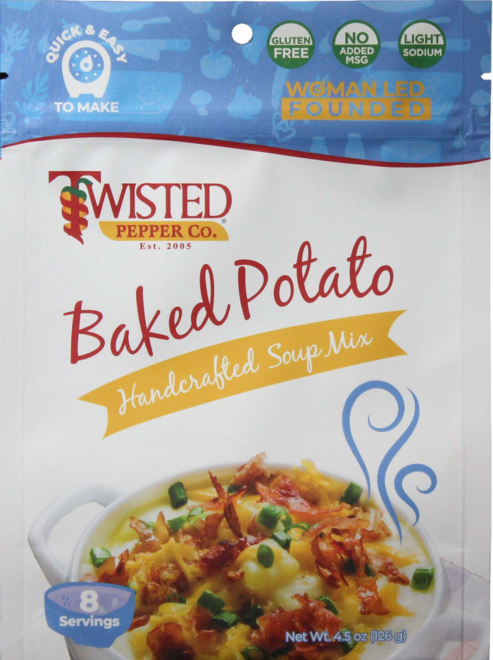 Baked Potato Dry Soup Mix packaging with nutritional facts and serving suggestions
