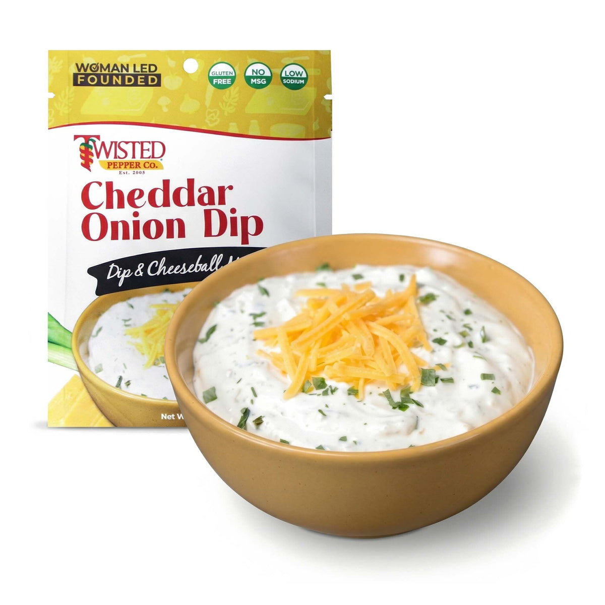 Cheddar Onion Dip Mix package with creamy cheeseball and sour cream dip options, low sodium and gluten free