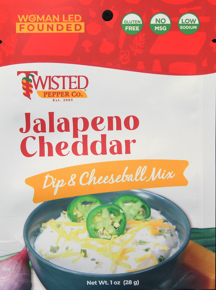Jalapeno cheddar dip mix packaging with fresh jalapenos and cheddar cheese ingredients