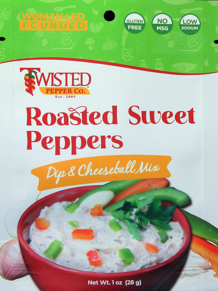 Sweet Roasted Pepper Dip mix package with red and green bell peppers and spices