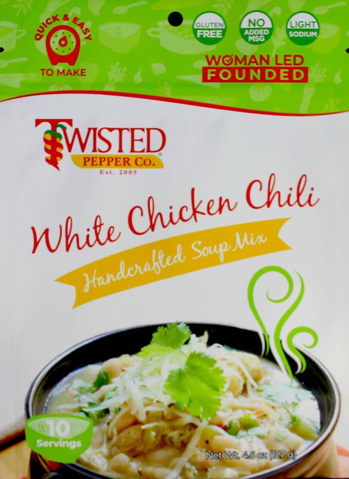 White Chicken Chili Dry Soup Mix resealable bag with classic hearty soup ingredients and serving suggestions