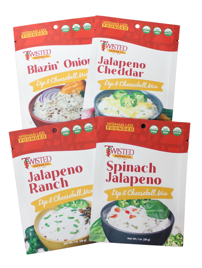 4 Pack I Like it Spicy Dip Mixes with Blazin' Onion Jalapeno Cheddar Jalapeno Ranch and Spinach Jalapeno flavors