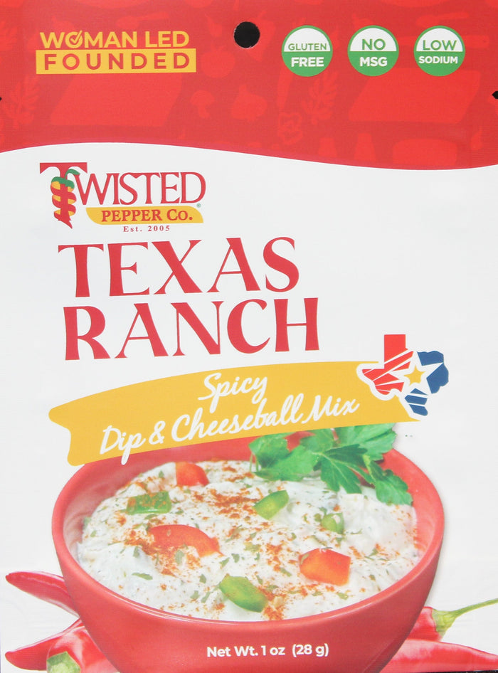 Spicy Texas Ranch Dip mix packaging with ingredients and serving suggestions